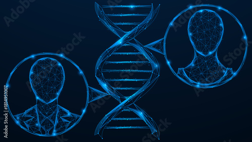 Digital genetic connection. A DNA spiral that combines two abstract human profiles. The concept of kinship and heredity analysis. Polygonal design, blue background.