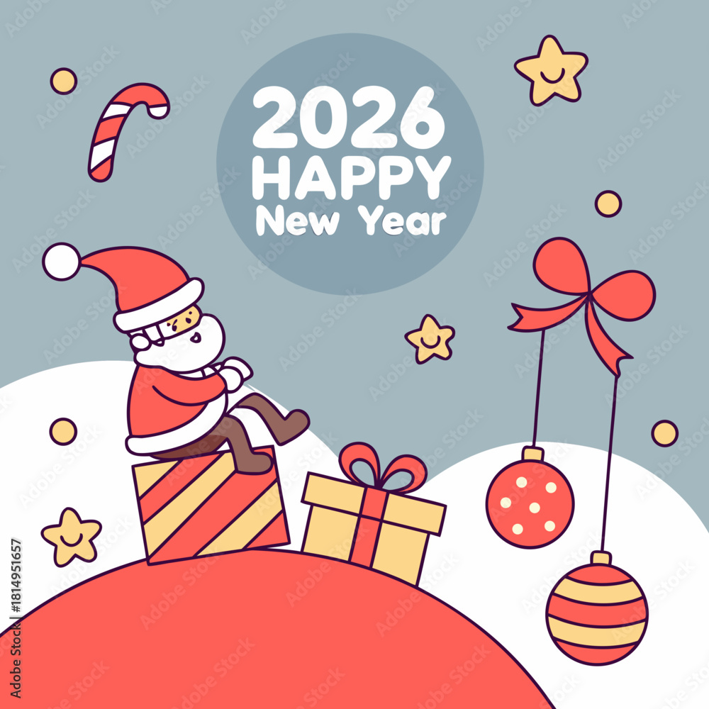 Fototapeta premium Santa Claus with a huge bag on the run to delivery Christmas gifts at snow fall. Merry Christmas text Calligraphic Lettering Vector illustration.