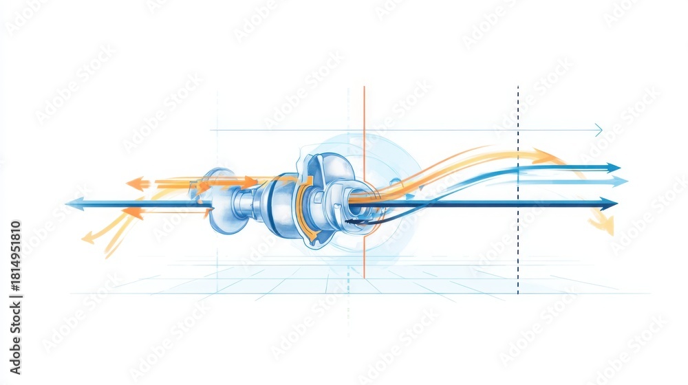 Fototapeta premium minimalistic illustration showing turbo lag concept, slow spool of turbocharger, bright clean background, airflow arrows, technical diagram style