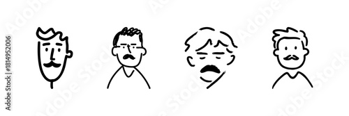 Male Faces With Mustaches Line Icon Set In Doodle Style. Facial Hair, Expression, And Character Representation Outline Sketch Collection. Hand Drawn Isolated Vector Illustration