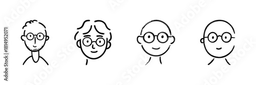 Four Diverse Male Faces With Glasses Line Icon Set In Doodle Style. Character Diversity And Expression Outline Sketch Collection. Hand Drawn Isolated Vector Illustration