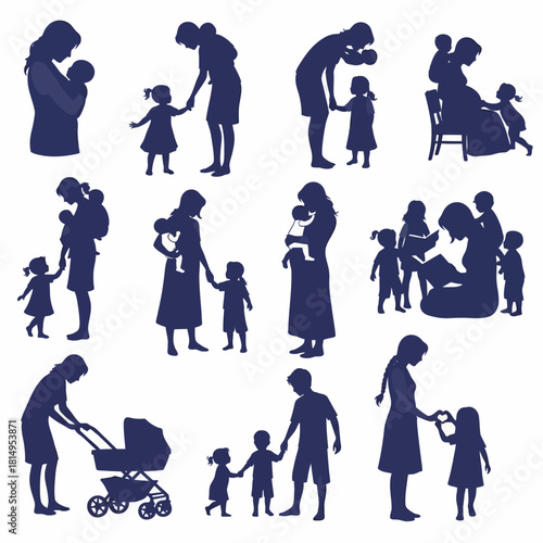 Family life silhouettes in navy blue showing parents children everyday activities relationships and generational interactions for lifestyle and social concepts