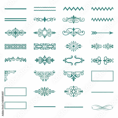 Decorative ornamental dividers and border elements in teal and turquoise featuring geometric patterns flourishes arrows and vintage design accents for elegant graphic layouts