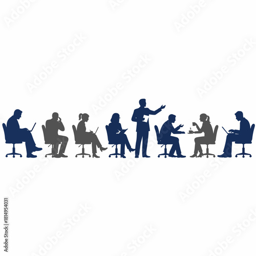 Business meeting and conference silhouettes in dark navy showing professional group discussions team collaboration and office presentations for corporate themes