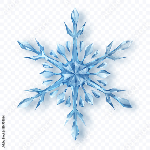 A complex snowflake with crystalline facets in shades of blue with soft shadow on a transparent background. Transparency only in vector format.
