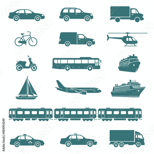 Transportation vehicle collection in teal silhouettes featuring cars buses trains ships bicycles helicopters and motorcycles for travel logistics and transportation industry design applications