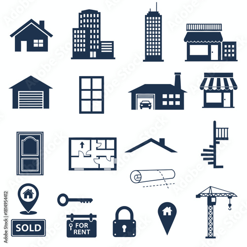 Dark navy blue icon set of urban architecture and buildings including houses skyscrapers residential homes shops garages and various city structures in simple silhouette style for real estate and urba
