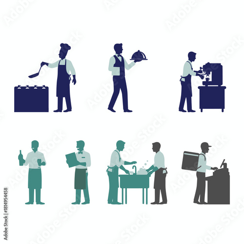 Service industry workers silhouettes in navy blue and teal featuring chefs cooks kitchen staff and food preparation professionals for hospitality and culinary design