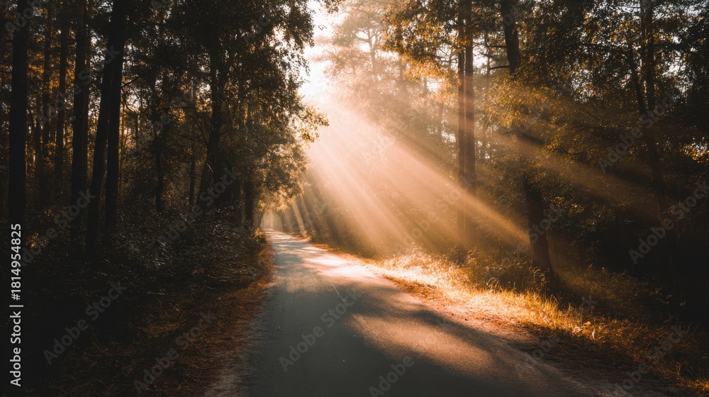 Fototapeta premium quiet forest road with sunlight rays through trees, warm tones, calm atmosphere, minimalistic composition, dreamy travel mood