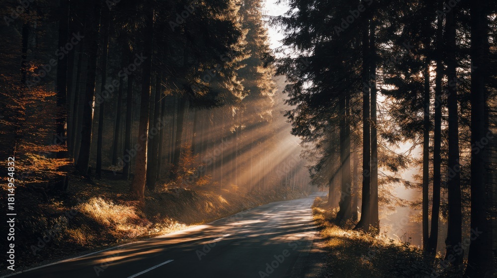 Obraz premium quiet forest road with sunlight rays through trees, warm tones, calm atmosphere, minimalistic composition, dreamy travel mood