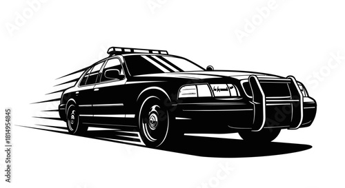 Black and white graphic illustration of a police car in motion.