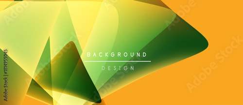 Abstract geometric shapes blend vibrant yellow, green hues. Modern design creates dynamic visual experience. Background features layered forms, smooth gradients.
