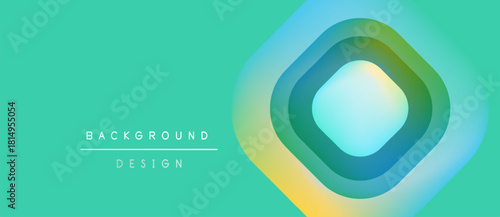 Abstract background features vibrant turquoise, yellow gradients. Concentric shapes create luminous central point. Minimalist text labels design elements.