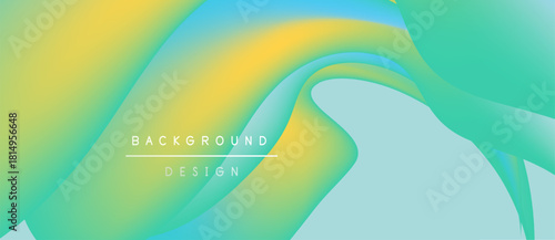 Abstract fluid shapes blend yellow, green, blue hues. Background design features smooth gradients, dynamic curves, modern aesthetic.