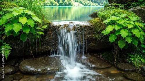 Small waterfall flows into pristine lake surrounded by lush greenery.