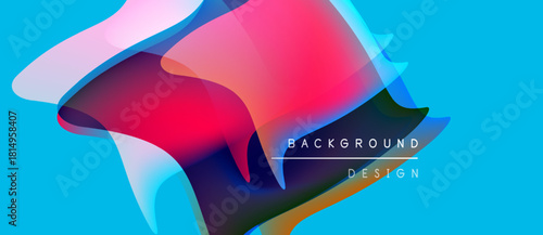 Abstract fluid shapes overlap, creating vibrant color gradients. Blue backdrop complements magenta, cyan, yellow hues. Modern design element.