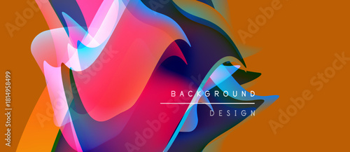 Abstract fluid shapes overlap, creating vibrant color gradients. Background features text background design. Orange dominates top portion.