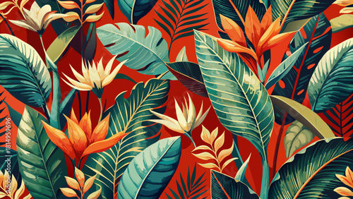 Very beautiful seamless floral pattern featuring tropical leaves and elegant strelitzia blooms painted in watercolor on a rich red background, creating a vibrant and decorative design perfect for text