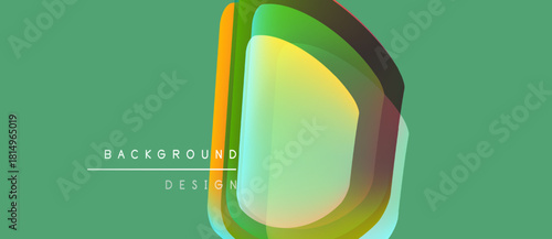 Abstract letter design. Overlapping colorful shapes form capital D on green backdrop. Text reads background design. Minimalist, modern aesthetic.