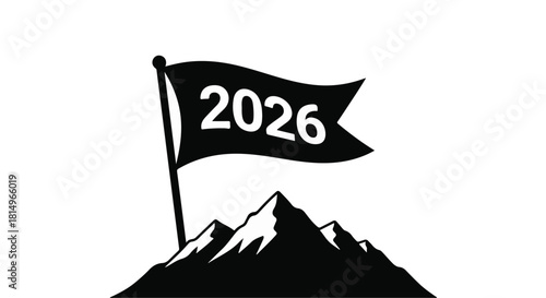 Flag with the year 2026 planted on a mountain peak, symbolizing future goals and achievements.