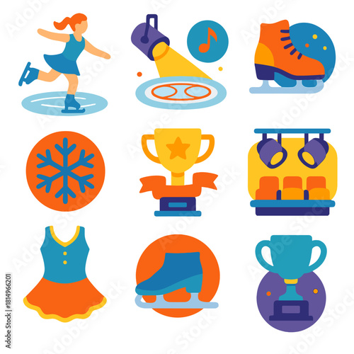 Ice Skating Gala Icons. Ice Skating Gala flat icon set: figure skater, ice rink, spotlight, music note, skating boots, snowflake, trophy, ribbon, crowd seats, stage lights, costume