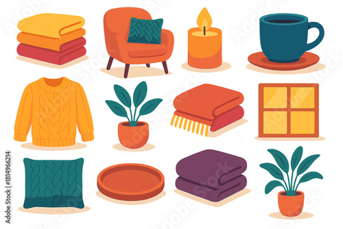 Cozy Hygge Essentials. Hygge Haven flat icon set : blanket stack, soft chair, glowing candle, ceramic cup, wool sweater, indoor plant, folded throw, warm light, knitted pillow