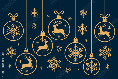Elegant Christmas Ornaments. Collection of Christmas ornaments hangs gracefully, each bauble adorned with intricate snowflake designs and reindeer silhouettes. The arrangement is