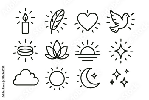 Symbols of Radiant Faith. Radiant Faith linear icon set : candle flame, feather, heart, dove, halo ring, lotus flower, sunrise glow, radiant star, soft cloud, glowing aura