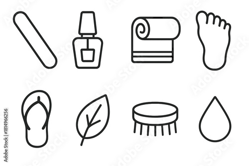 Pedicure Icons Collection. Pedicure essentials concept linear icon set: nail file, polish bottle, towel, foot outline, sandal, leaf, brush, droplet