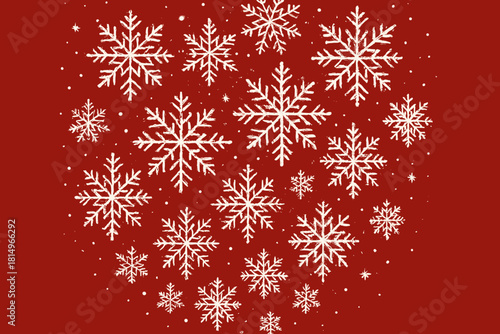 Sparkling Snowflakes on Red. Array of sparkling snowflakes of varied sizes cascading down a rich, red background. Each snowflake is intricately designed, capturing the uniqueness