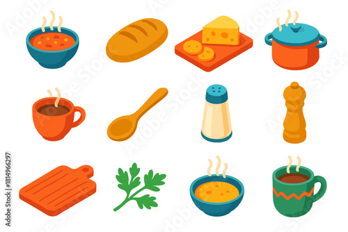 Cozy Winter Meal Icons. Cozy Winter Meal flat icon set: soup bowl, loaf of bread, cheese platter, stew pot, teacup, wooden spoon, salt shaker, pepper mill, cutting board, herb
