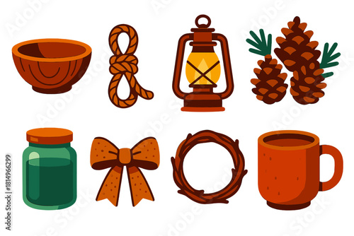 Rustic Icons Collection. Rustic charm flat icon set : wooden bowl, rope knot, lantern light, pinecone cluster, glass jar, burlap ribbon, branch ring, cozy mug