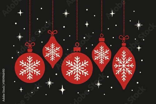 Elegant Christmas Ornaments. Hanging Christmas ornaments in red and white dangle gracefully against a deep black background. Each ornament features intricate snowflake patterns.