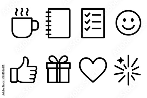 Icons of Everyday Joy. Everyday Wins linear icon set: coffee cup, notebook, checkmark list, smiling face, thumbs up, small gift, heart, celebration burst