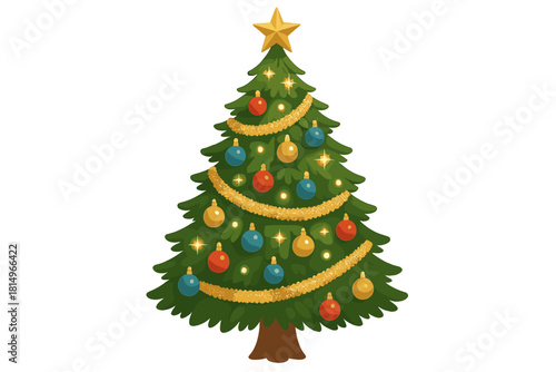 Whimsical Christmas Tree. Whimsical Christmas tree adorned with shimmering tinsel, twinkling lights, and a variety of ornaments. The tree's lush green branches are perfectly shaped