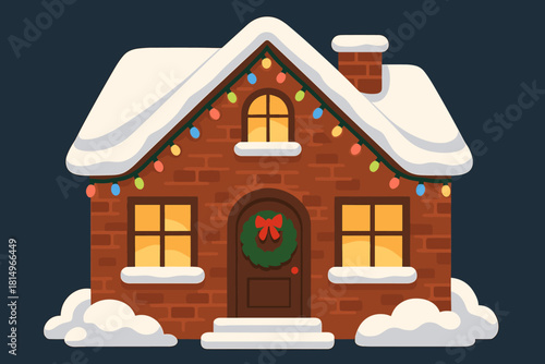Festive Snowy Brick House. Snow-covered brick house adorned with colorful Christmas lights and a lush green wreath on the front door. The roof is draped in thick snow, creating a