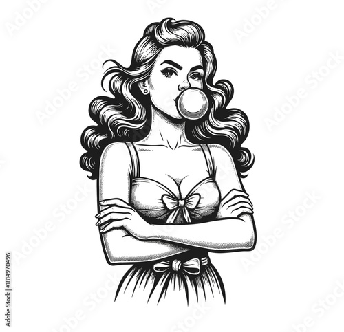 Engraving of Woman Blowing Bubble Gum