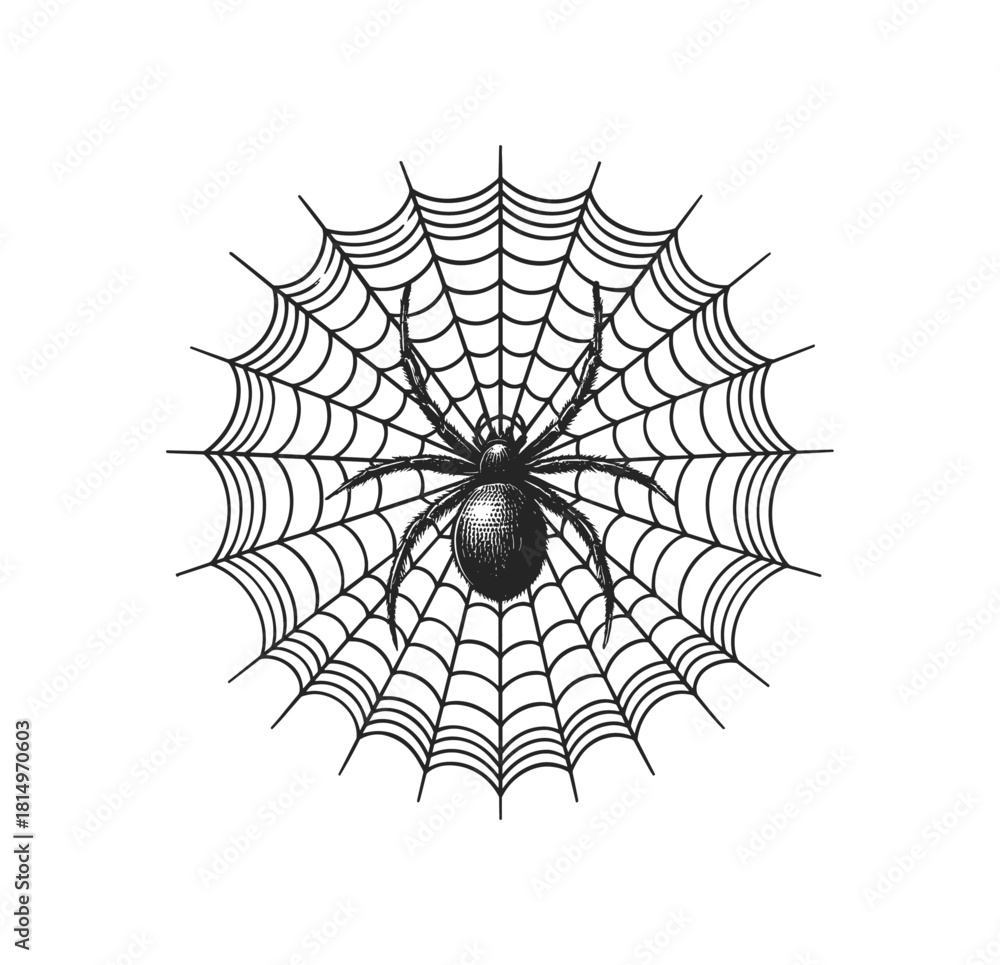 Fototapeta premium Engraving of Spider on Intricate Web