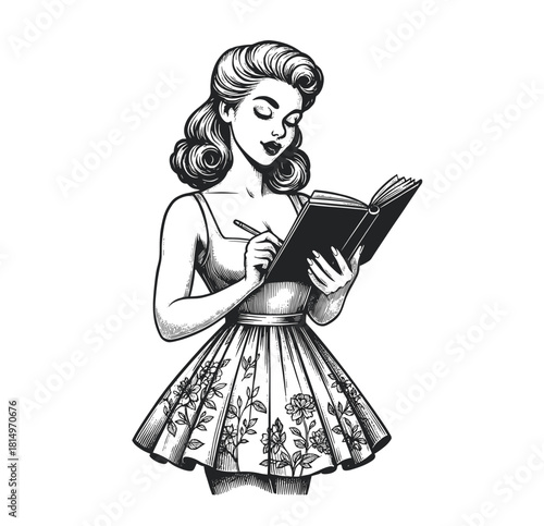 Engraving of Vintage Pin-Up Girl Writing in Journal