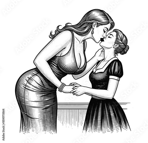 Engraving of Romantic Kiss Between Two Women