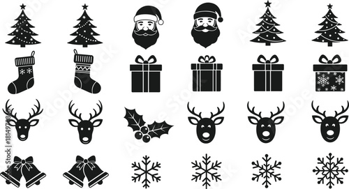 Black and white Christmas icon set, festive symbols, Santa faces, reindeer, snowflakes, gift boxes, stockings, vector holiday graphicBlack and white Christmas icon set, festive symbol