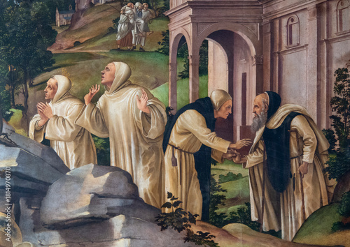 Painting (15th century) of Cistercian monks in daily life and community.