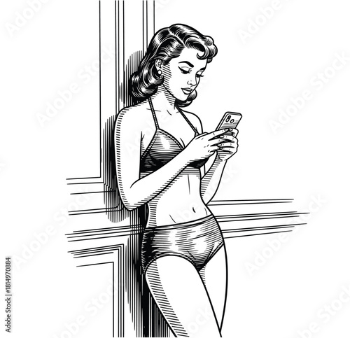 Engraving of Pin-Up Woman in Bikini Using Smartphone