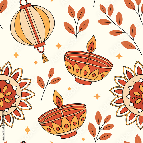 Colorful pattern of decorative lamps and bowls with leaves celebrating a festive occasion in a bright design Generative AI