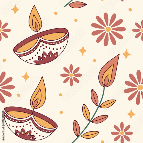 Decorative pattern featuring traditional oil lamps and flowers in warm colors for festive celebrations Generative AI