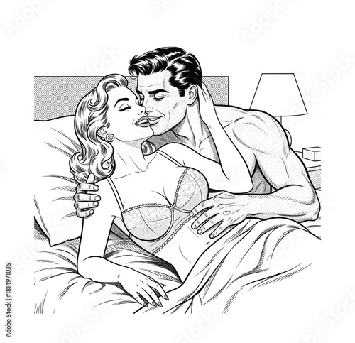Engraving of Romantic Couple Embracing in Bed
