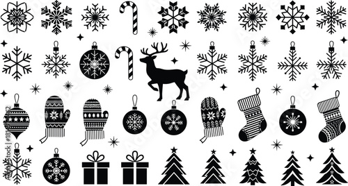 Black and white Christmas icon set, festive symbols, snowflakes, candy canes, reindeer, gifts, ornaments, trees, vector graphic