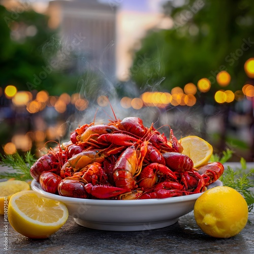 Classic Louisiana crawfish boil, steaming hot crawfish, outdoor evening city lights, fresh lemon halves, festive Cajun cuisine
