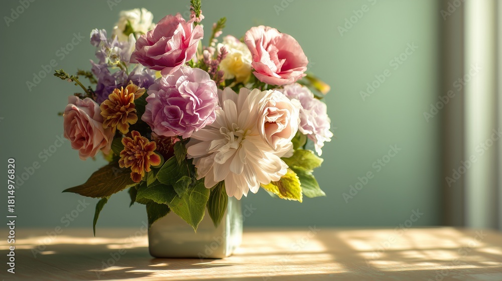 Naklejka premium A vibrant mix of pink, purple, and white blooms arranged in a vase on a wooden table