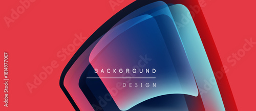 Abstract design features layered shapes, vibrant colors. Red background contrasts blue gradients, text reads background design. Modern, dynamic composition.